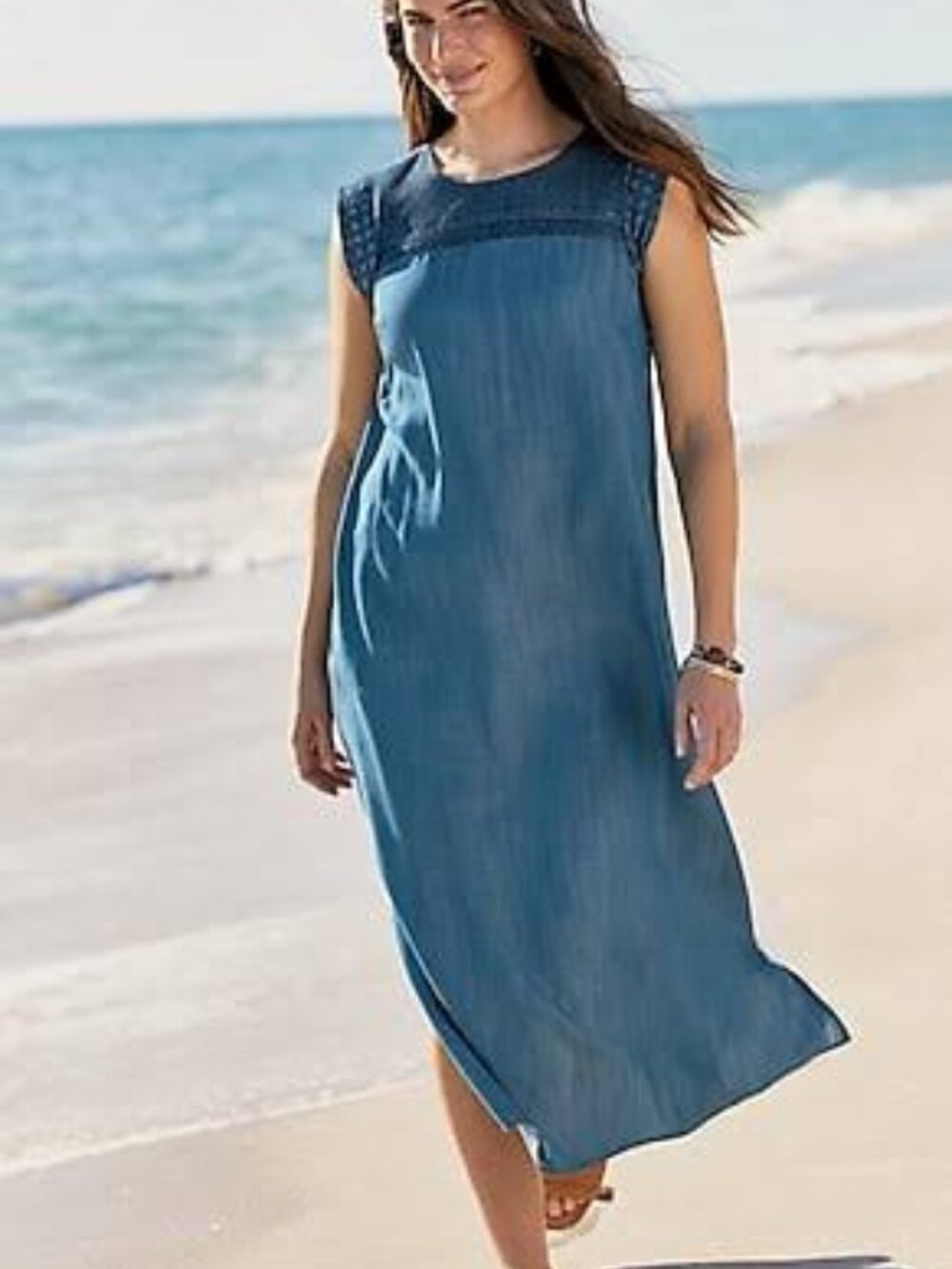 J.Jill Embroidered Indigo Denim Midi Dress Medium Petite 100% Tencel Blue